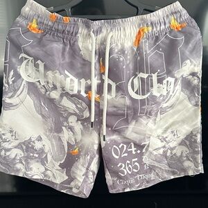 Graphic Print Shorts with Orange Accents